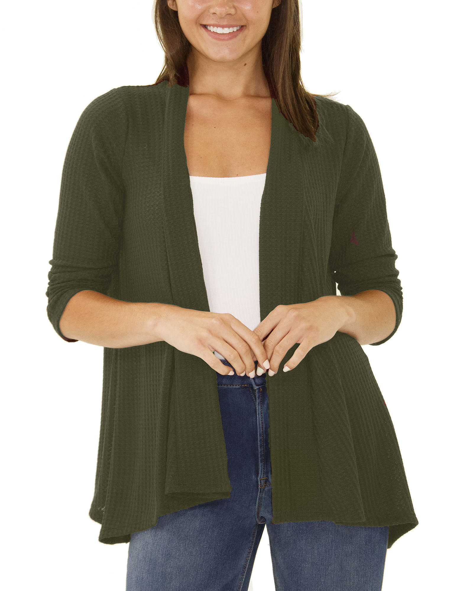 3/4 Sleeve Open Front Waffle Weave Cardigan Burnt Oliveduo