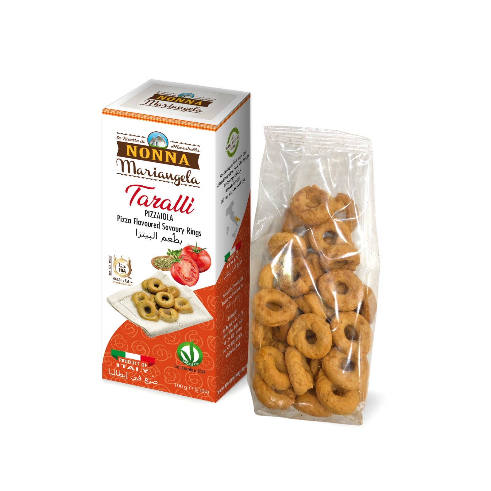 Italian Quality Grain Snack - Taralli with Tomato & Oregano 100g (Pizza flavour) - Halal snack, Vegan snack, 100% natural foods