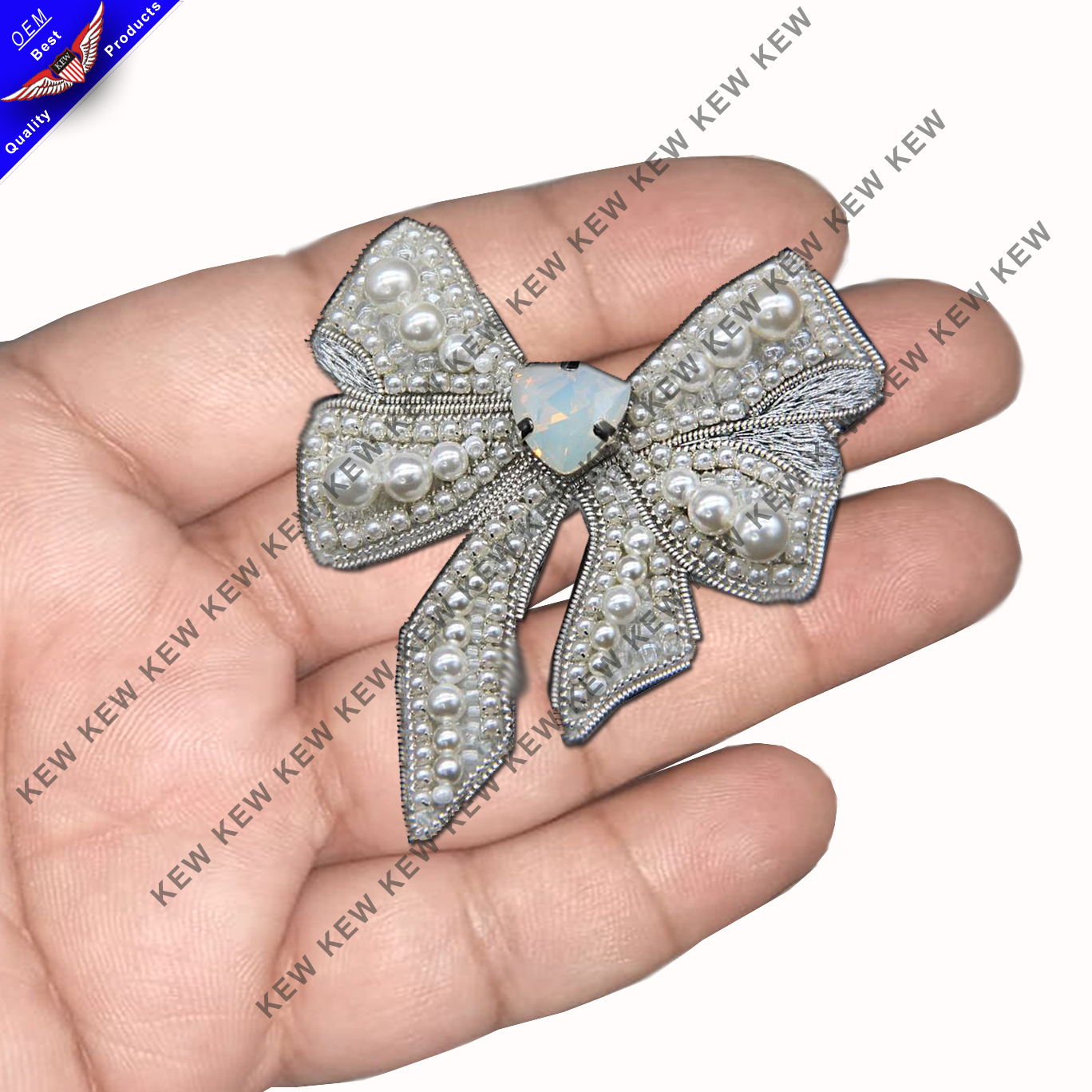 Beaded brooch bow. Embroidered brooch bow white ribbon Beaded bow brooches handmade party wedding USA UK Europe