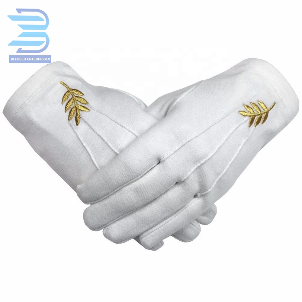 Masonic Glove Acacia Leaf Gold Machine Embroidery White Cotton Gloves