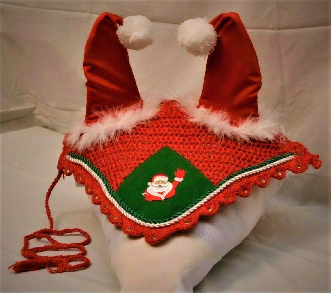 Santa Claus Christmas Horse Fly Bonnet Net Hat Hood Mask Fly veil Full Christmas Gift Hand Made Cotton Full/Cob/Pony Christmas