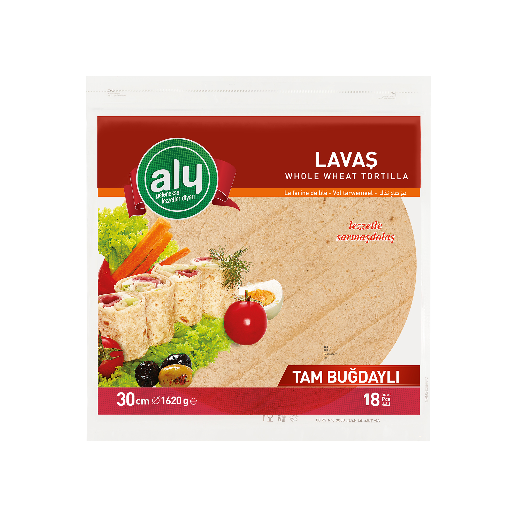 Tortilla 30 см 18 штук цельная пшеничная мука оригинальный бренд Aly замковый мешок 1620 гр (6 упаковок в одной коробке)