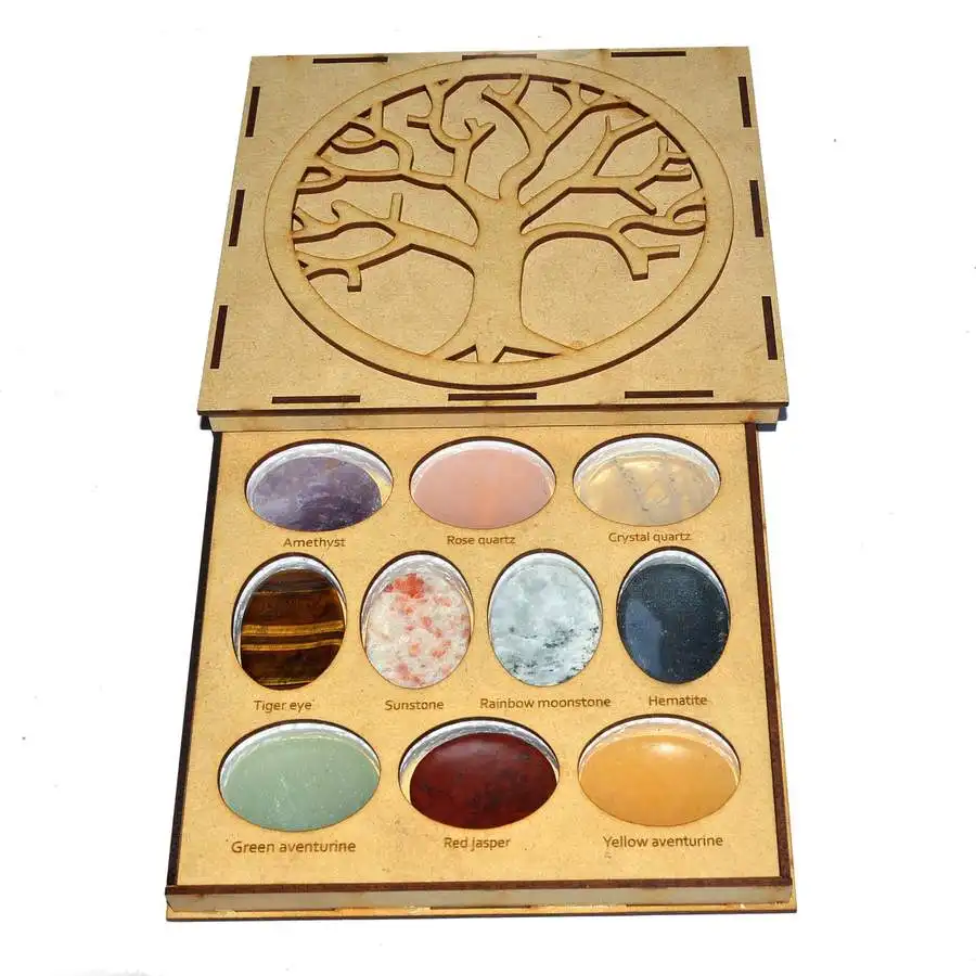 10 Healing Stone Set With Wooden Box Flower of Life Engraved 10 healing Wooden Box With Chakra Set Wholesale.Crystals 7 chakra