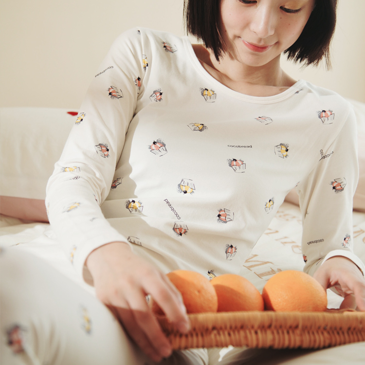 Women Autumn Pure Cotton Cozy Soft Long Johns Loungewear Sleepwear Sets with Long Sleeve Shirt and Pants White with Cup Cakes