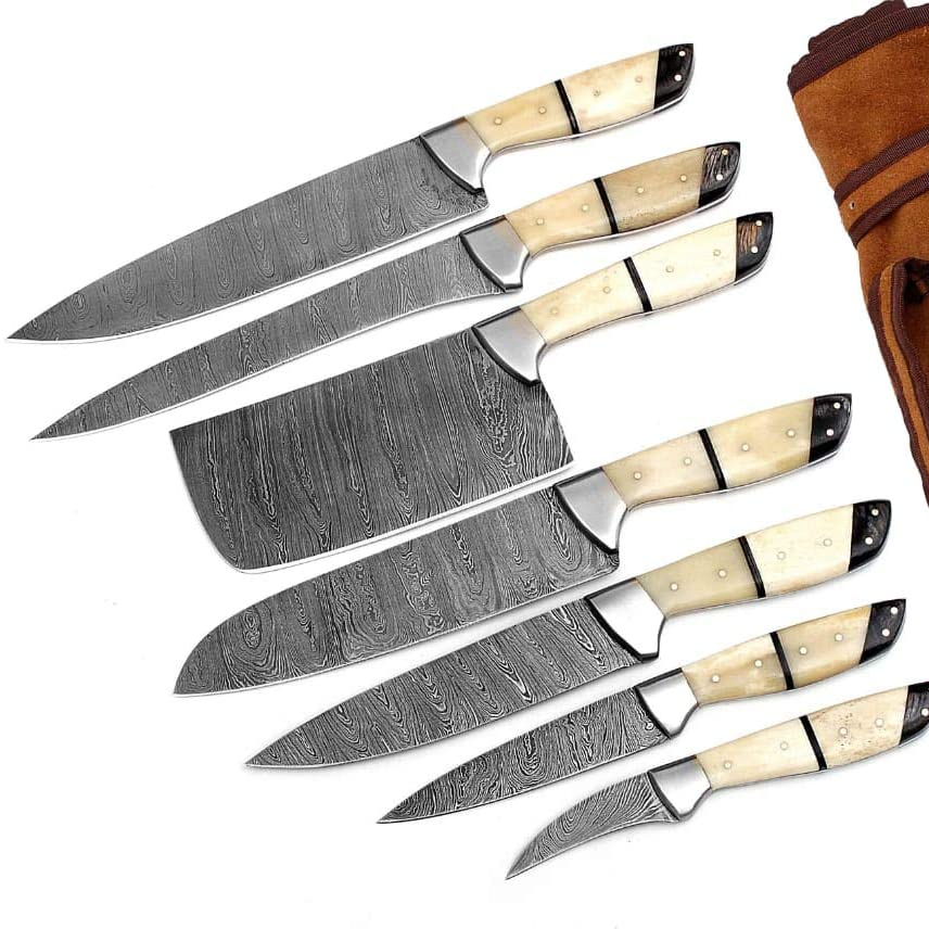 Professional Kitchen Knives Custom Made Damascus Steel 7 pcs of Utility Chef Kitchen Knife Set