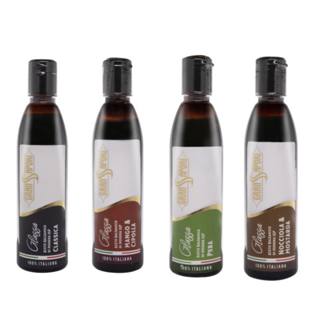 Condiments bottles from Modena PGI Glaze classic, mustard&hazelnut, pear, mango&onio taste 250ml plastic bottle Balsamic Vinegar