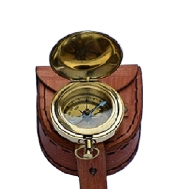 Vintage Style Brass Pocket Compass Push button Flat Compass w/Lid - Brown -Leather Box Brass Polished Gift Item