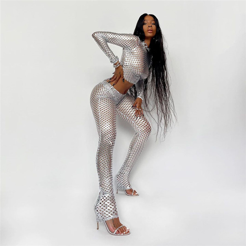 New Arrivals Nightclub Sexy Fall Women Clothes Sliver Long Sleeve Hollow Out Slim Pants Two Piece Sets