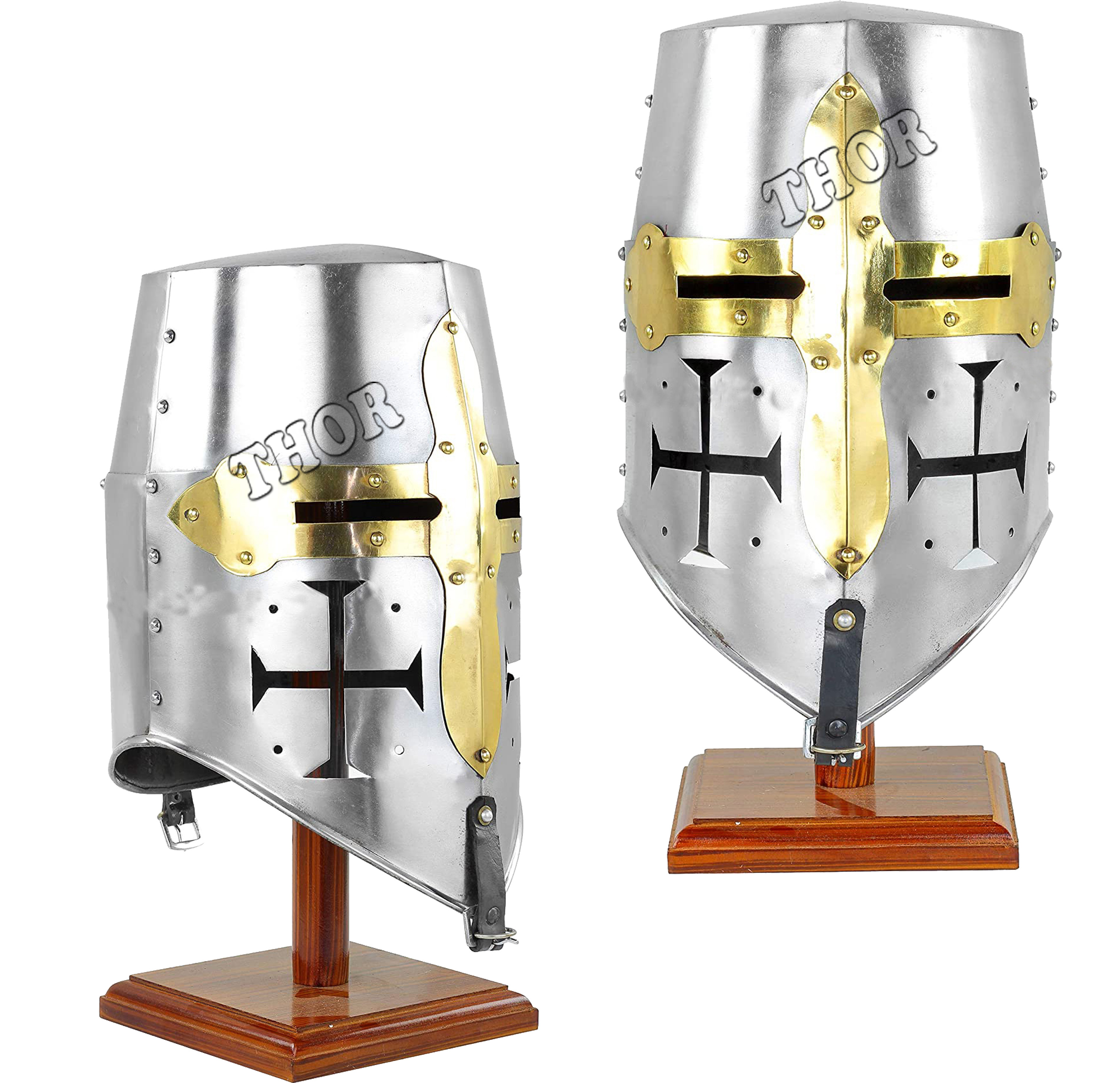 Medieval Templar Helm Knight Armor Crusader New Templar Helmet with Wood Stand Brass Cross Chrome Polished