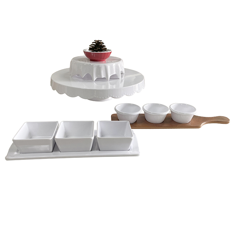 White melamine Dip Bowl Set Rectangular Tray with 3 Serving Dishes for dessert restaurant