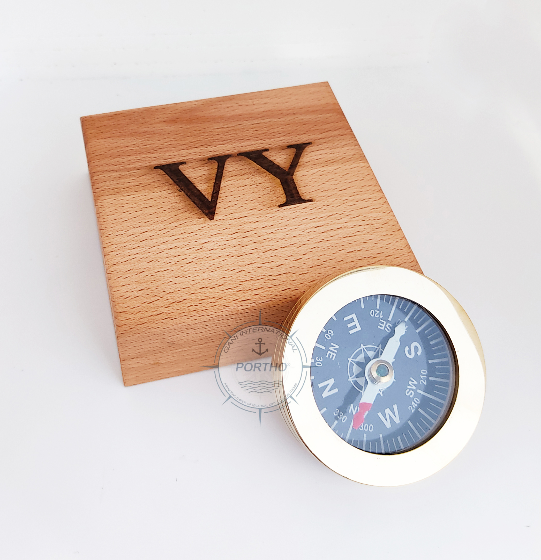 Nautical Shiny Brass Flat Compass With Wooden Box Anniversary Gift Brass Compass, Engraved Nautical compass Camping Hiking