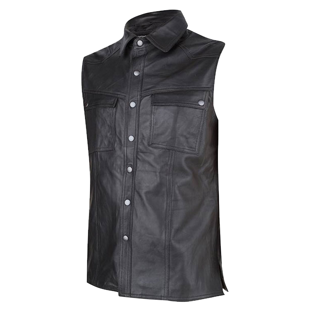 Custom Made Real Lamb Leather sleeve less Shirt/Mens black Sheep leather shirt/Snap buttons leather shirt