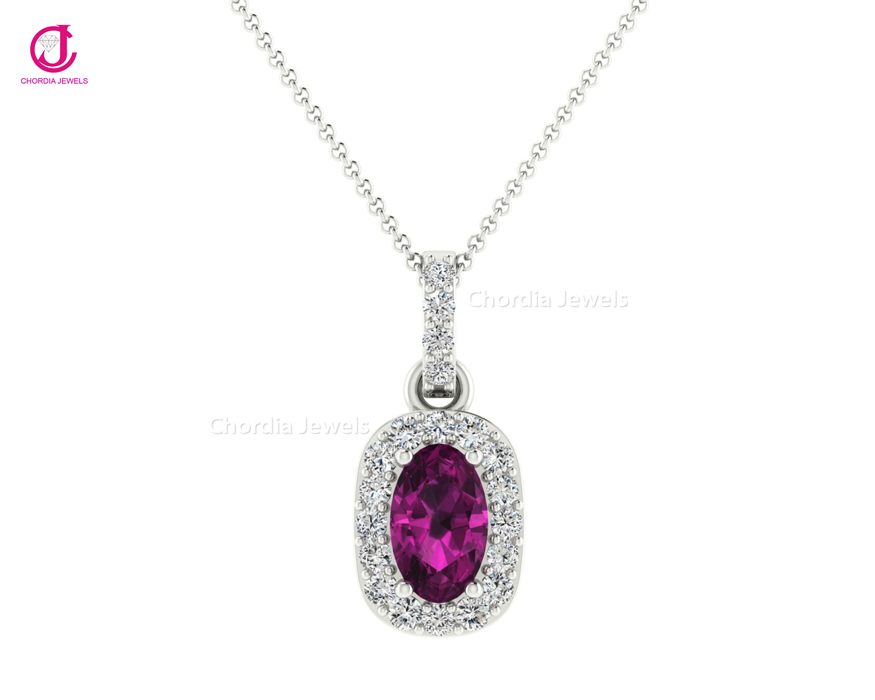 Natural Rhodolite Garnet &amp; 0.28 Cts Diamond White Gold Halo Oval Pendant For Gift Certified Jewelry Wholesaler From India