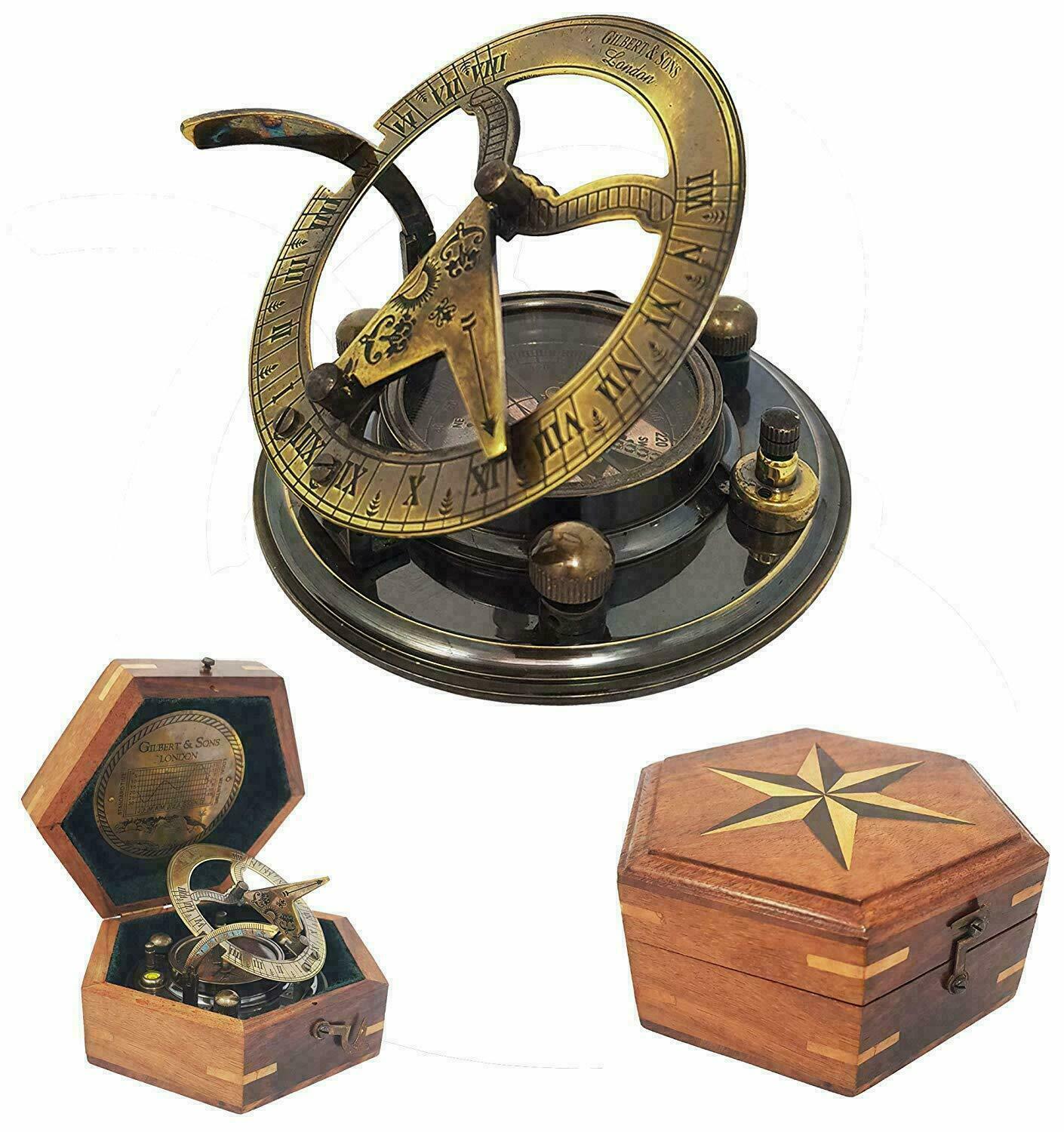 Античный морской латунный 3,5 дюймовый Sundial Compass Vintage ручной работы в деревянной коробке