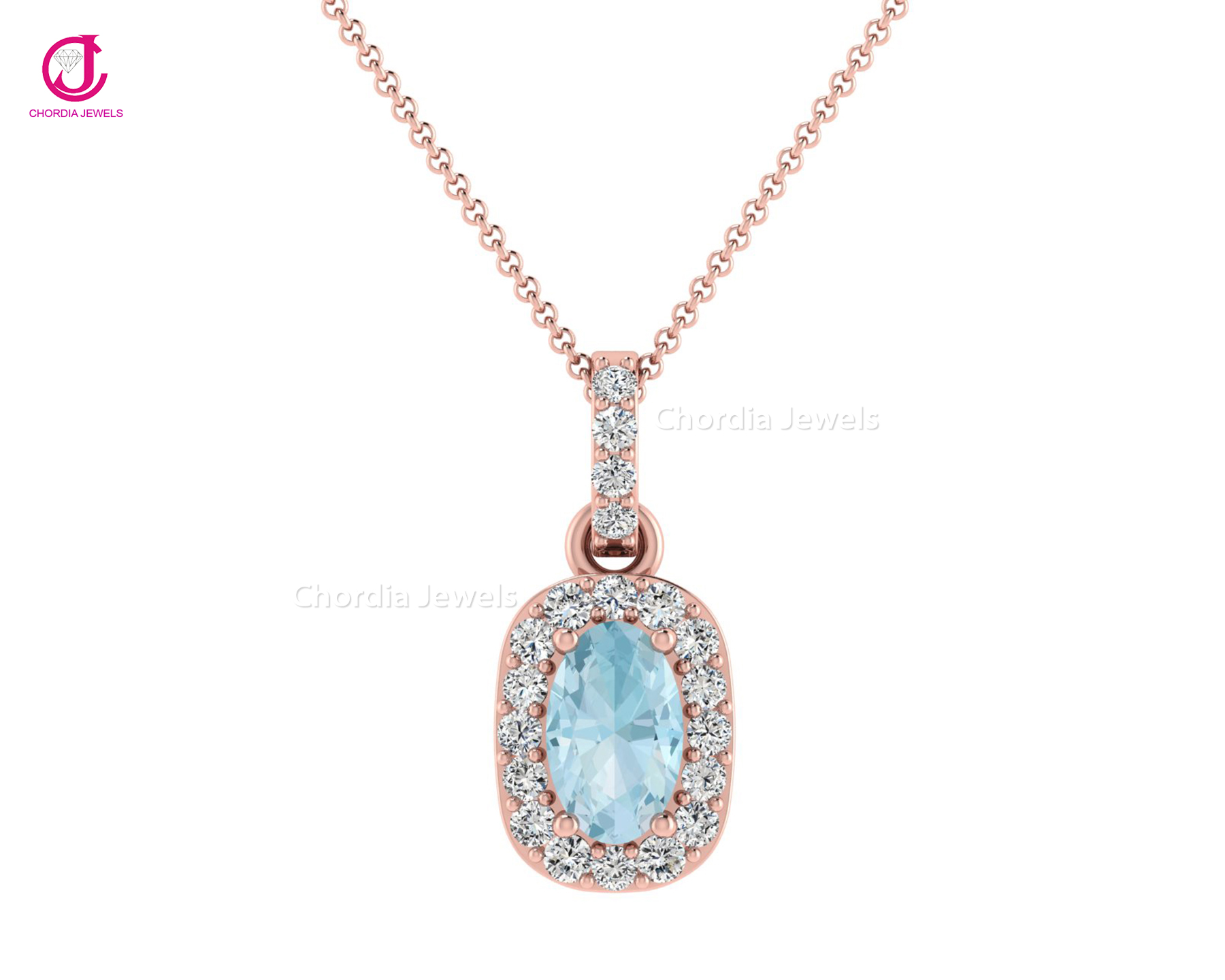 Hot Selling Certified Jewelry Rose Gold Diamond Halo Oval Pendant With Natural Aquamarine &amp; Diamond For Girls Wholesale