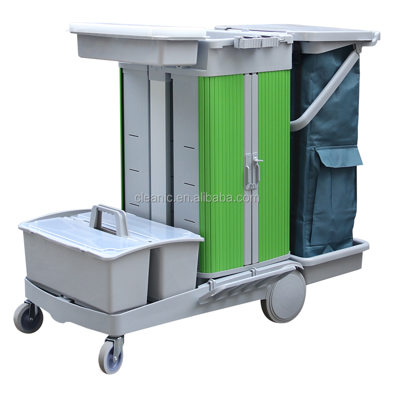 Best Sales Multifunctional Plastic Material Flat Mop Tray Janitor Trolley with Storage Cabinet and Garbage Bag