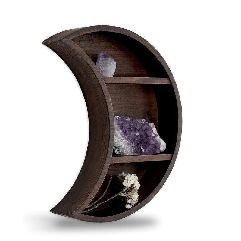 Wooden Crescent moon wall mounted shelf for storage and decoration moon shaped floating shelves for crystal stone essential oil