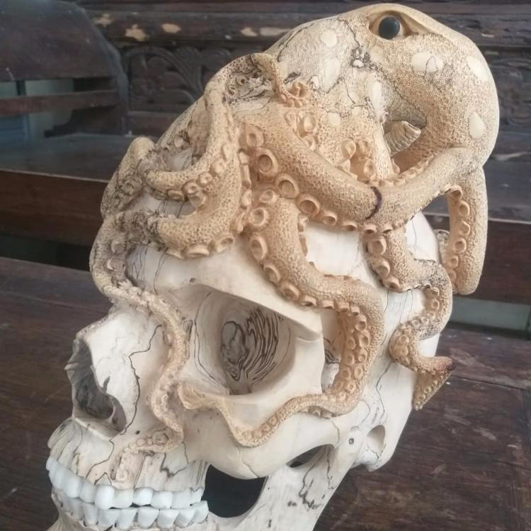 Antique Collection Wood Carving Skulls with Bone Carved of Squid on Top 100% Hand Carved Collection LIMITED Edition