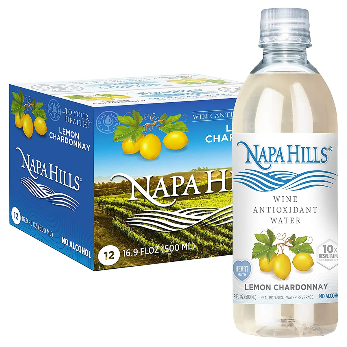 Non Alcoholic Napa Hills Wine Antioxidant Water Lemon Flavored Wine Water Resveratrol Enriched Drink Lemon Chardonnay 12 Pack