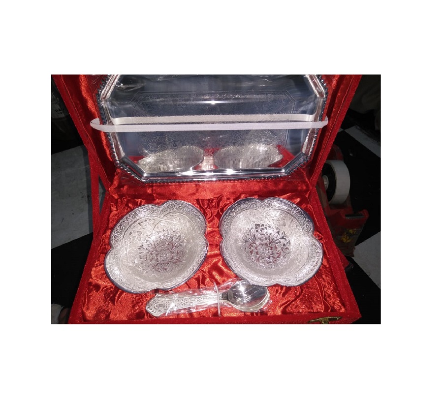 Brass Silver Plated Cup With Spoon & Tray
