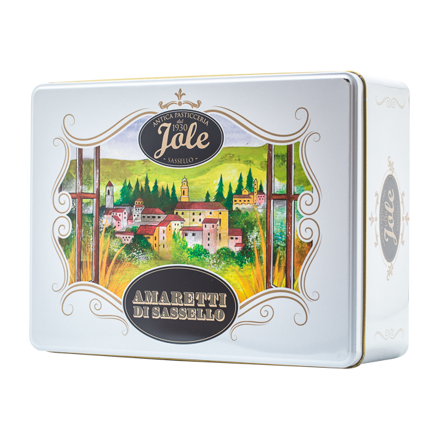 tin box with a window on sassello traditional amaretti 350gr