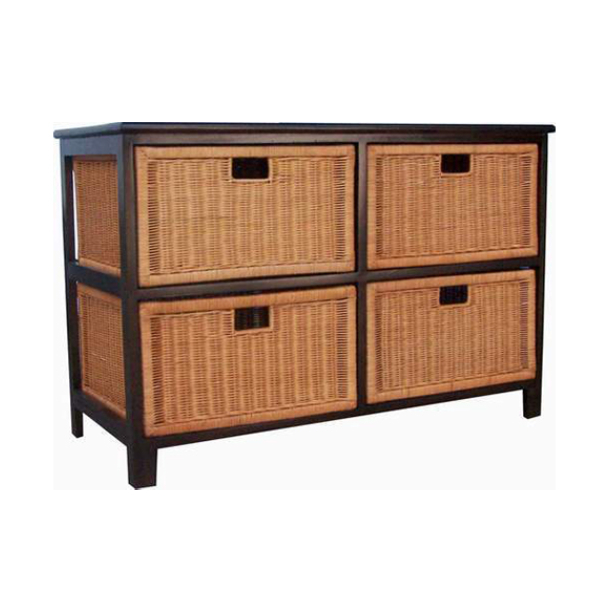 Wooden Storage Cabinet with rattan wicker 4 drawers / Sierra Low 4 Drawers