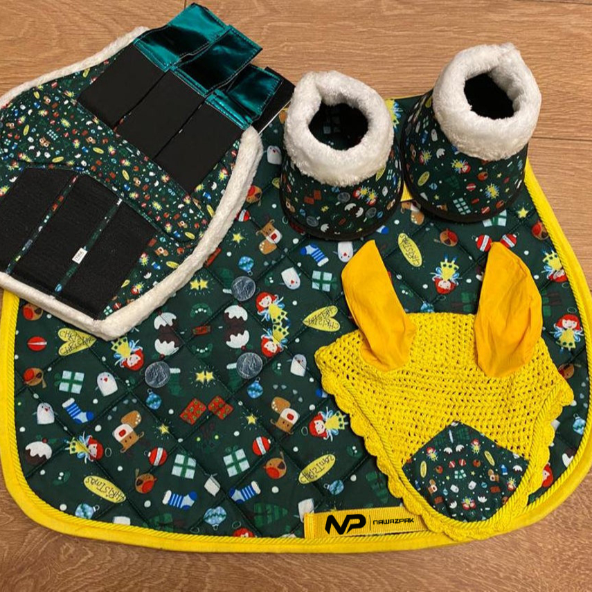 Cotton Casual Color Saddle pad set with Halter Lead Horse boots Bell Boots & Ear Bonnet