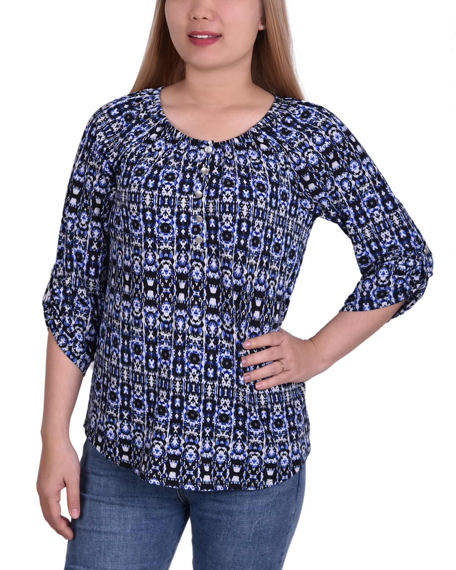 3/4 Push Tab Elasticized Neck Henley Blue Morgana