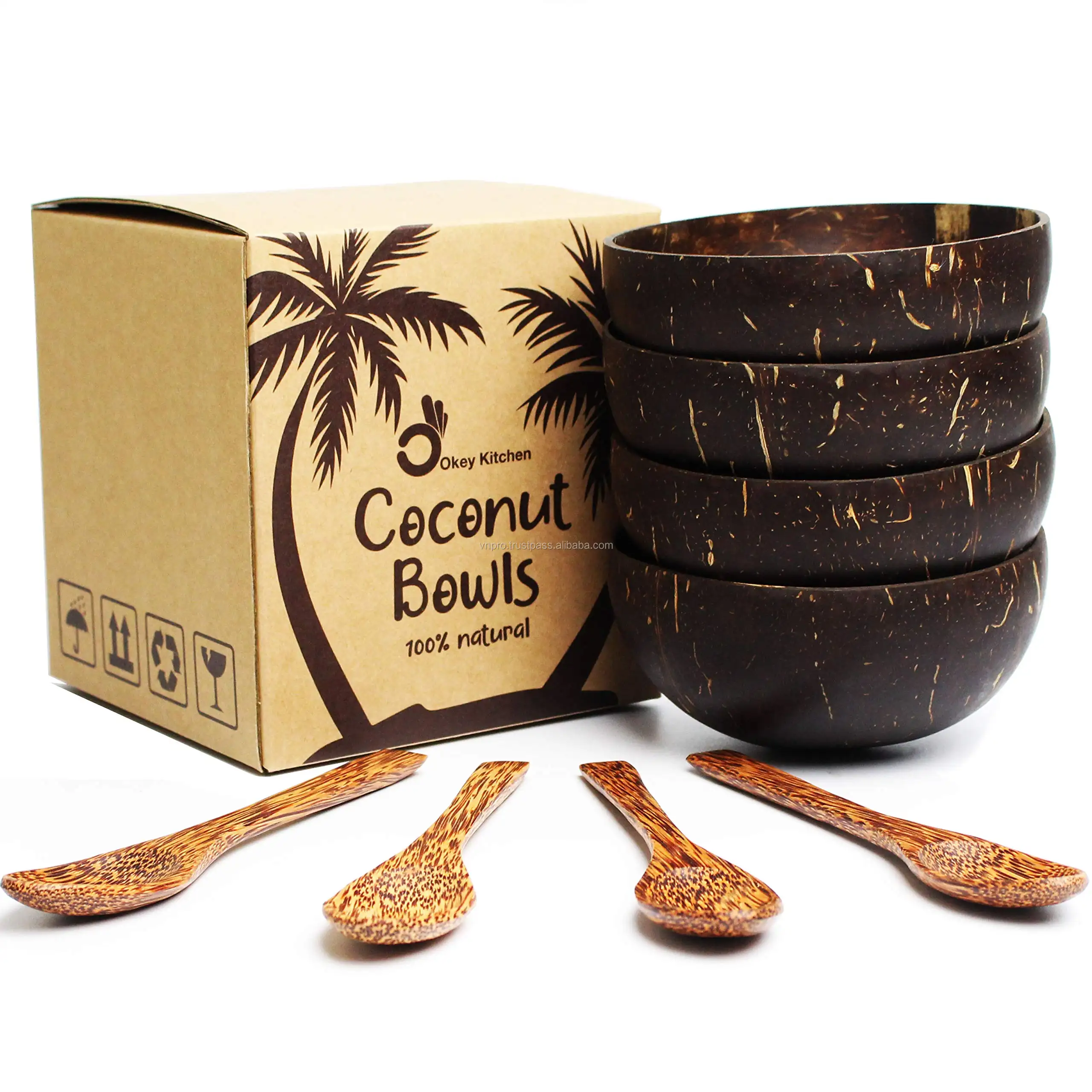 Set Coconut shell bowl with 2 bowls 2 spoons 2 forks in Craft box