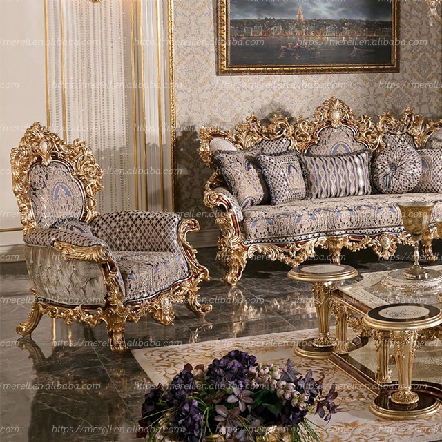 Royal Baroque luxury golden solid wood carved Italian 3 seater living room sofa set