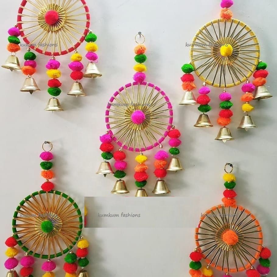 Indian Handmade Pair Of Two Dream Catchers Decor By Pompom Flower Gota lace Wedding decoration hanging door hanging Home decor