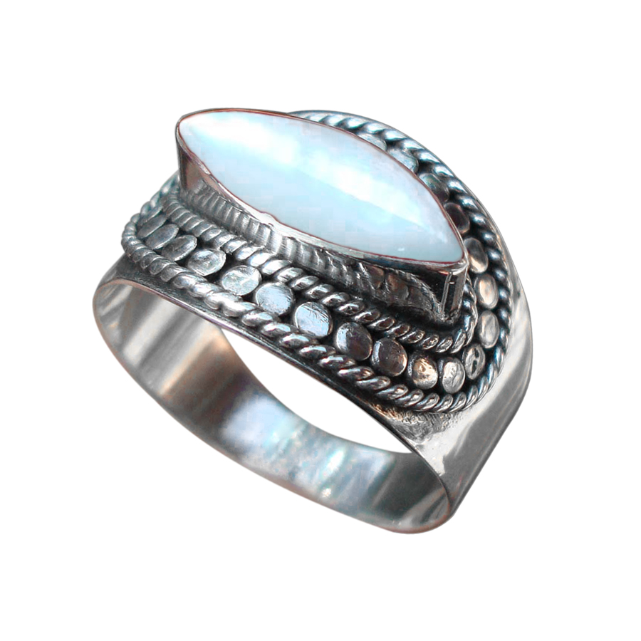 Bali 925 Sterling Silver Mother Of Pearl Pear Shaped with Dot Outline Band Ring