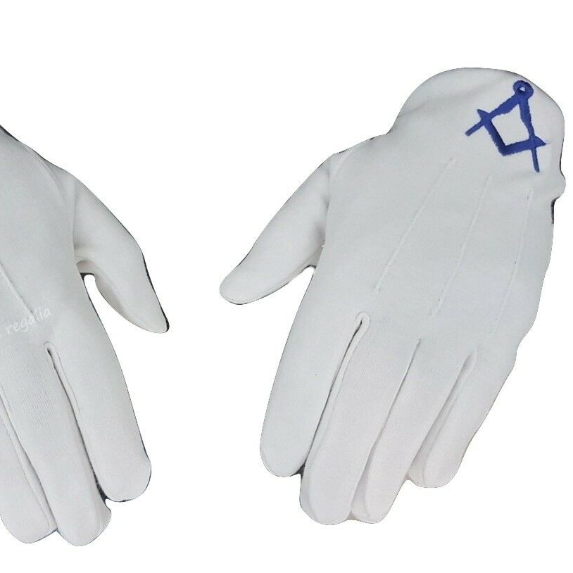 MASONIC WHITE COTTON GLOVES WITH BLUE EMBROIDERED