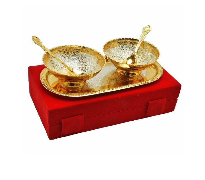 Silver Plated Brass Bowl With Spoon & Tray