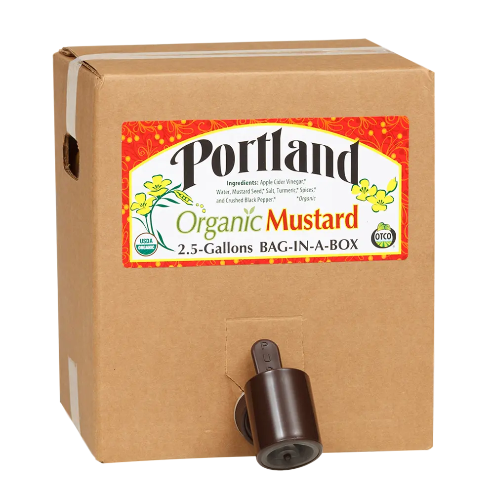 American yellow mustard with a hint of crushed black pepper Organic Bulk Portland Yellow Mustard 2.5 Gallon Bag-n-Box