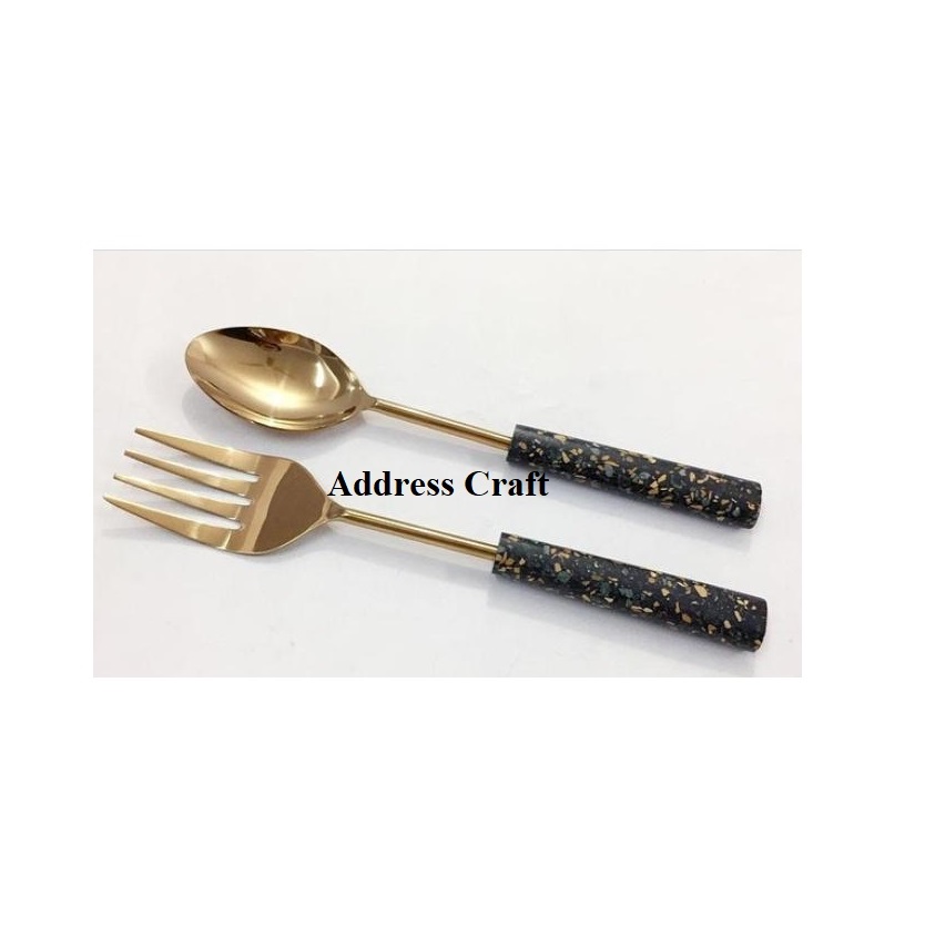 Stainless Steel Salad Server Set Gold Plated With Terrazzo Handle For Kitchen Hotel Restaurant Wedding Events