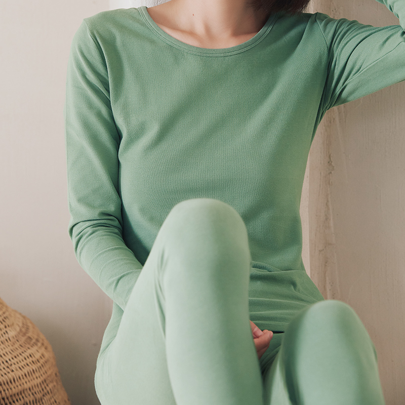 Women Autumn Pure Cotton Cozy Soft Long Johns Loungewear Sleepwear Sets with Long Sleeve Shirt and Pants Green