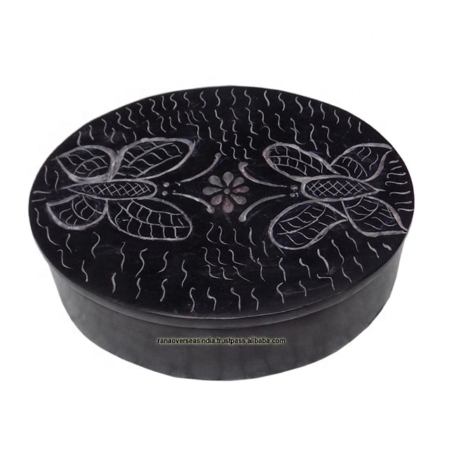 Vintage Soapstone Trinket Box Flower Butterfly Scene Design