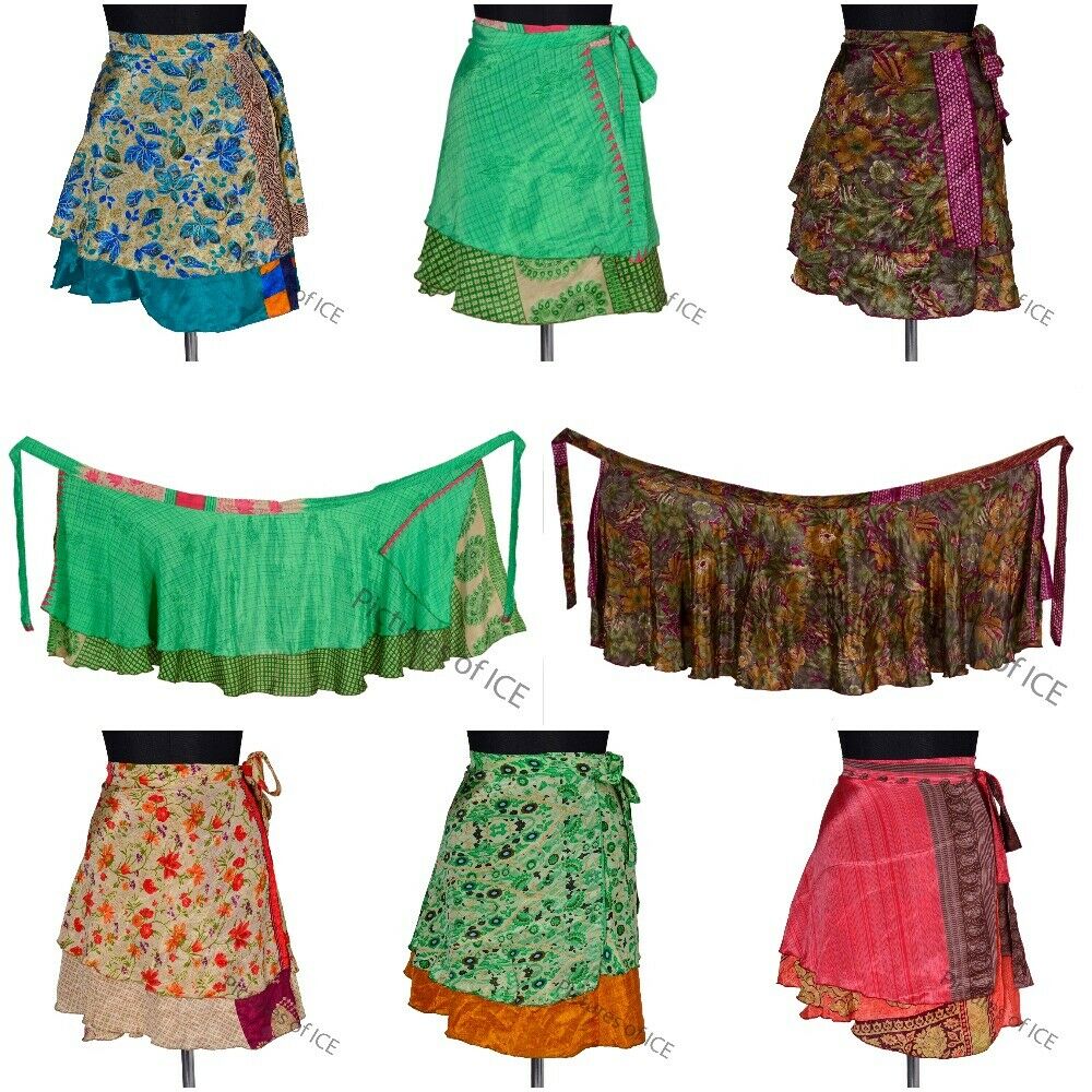 Vintage silk skirt reversible long skirt 2 layer magic wrap around bohemian hippie sexy beach wear short dress summer mini skirt