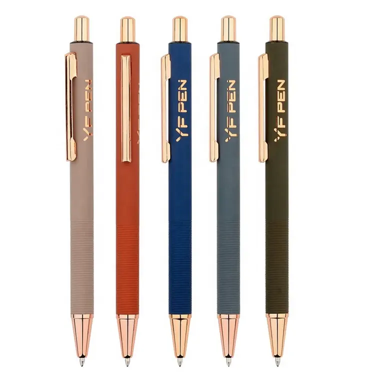 Nice style soft touch special color custom rose golden metal ball point pen with laser logo