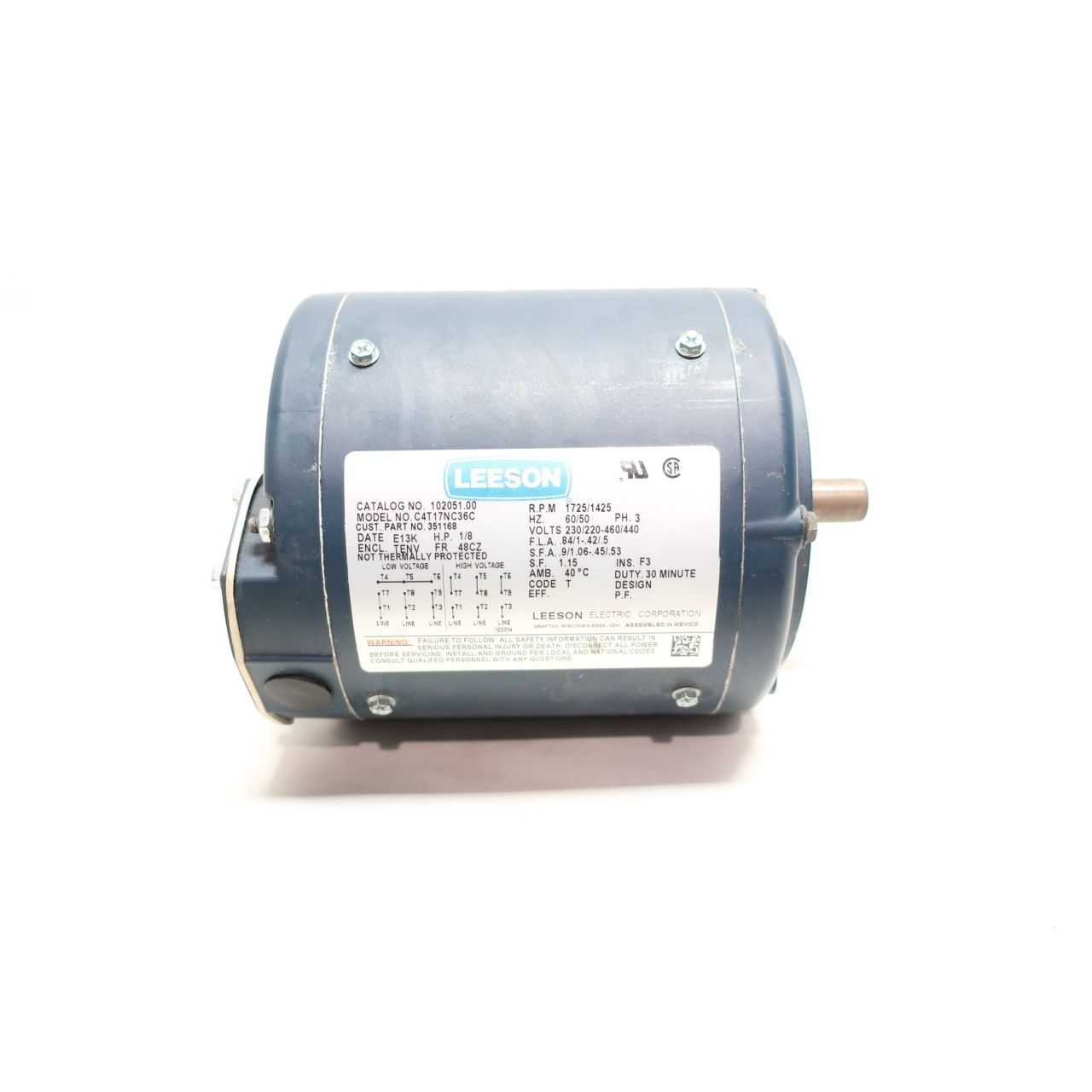 Двигатель переменного тока LEESON 102051,00 48CZ 3PH 1/8HP 1725 об/мин 230/460V-AC