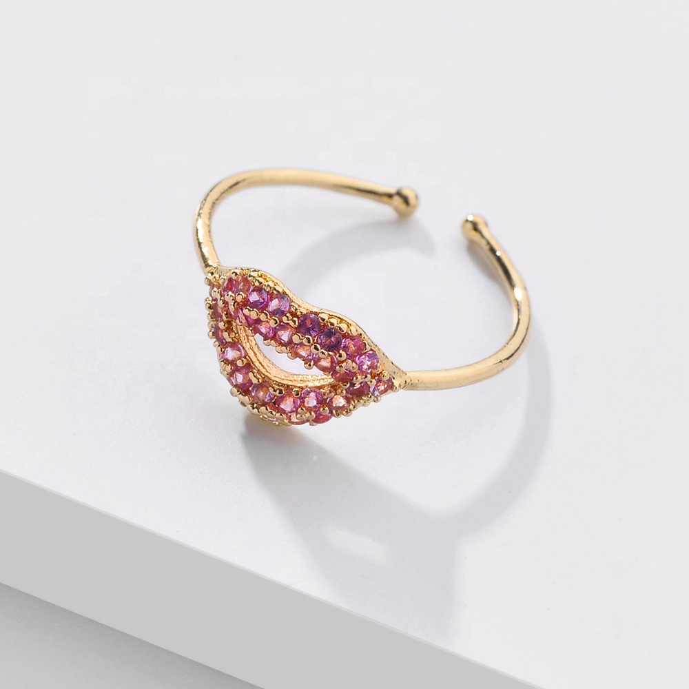 New 3A Cubic Zirconia Stone Women Ring Fashion Jewelry Sexy Lips Copper Inlaid Zircon Adjustable Open Ring