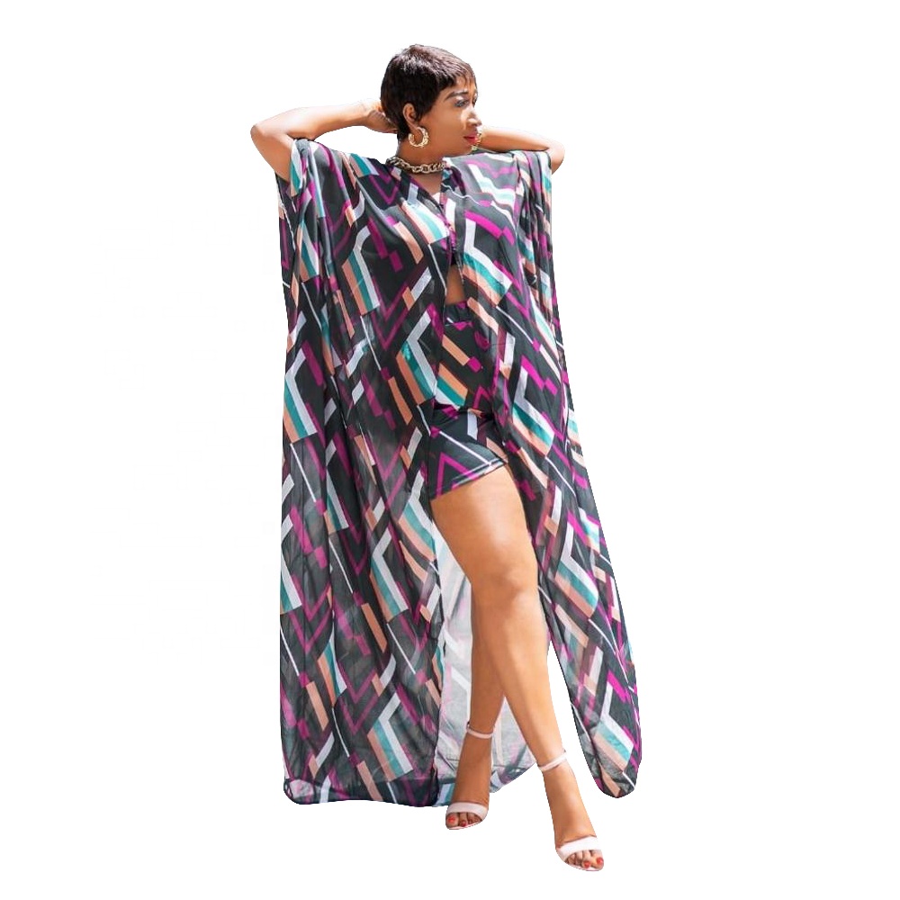 Loose Printing V-neck Flare Sleeve Button Maxi Dress And Shorts Outfits Beach Elegant Two Piece Set
