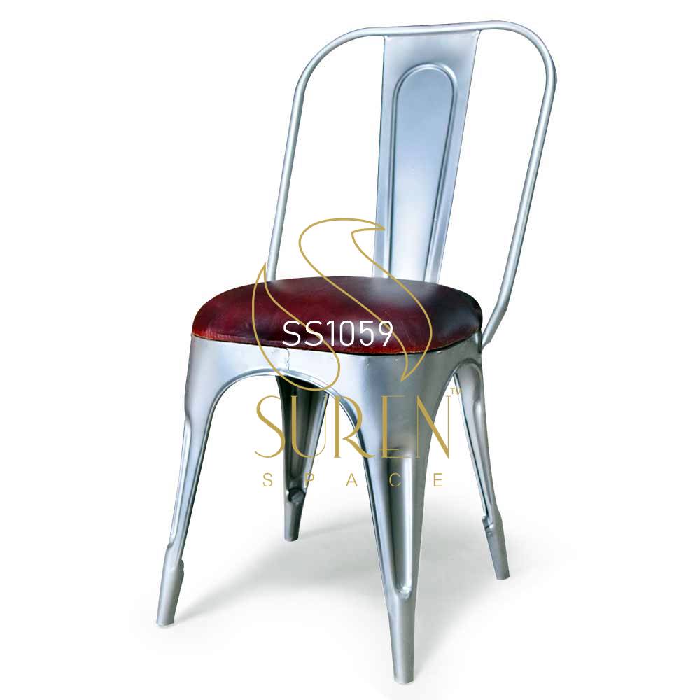 Metallic Finish Powder Coated All Weather Leather Seat Iron Chair For Cafe Bistro Restaurant Canteen Food Court