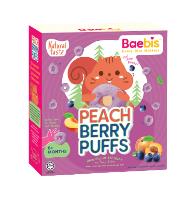 Baebis 100% Natural Peach Berry Puffs Baby Rice Biscuit Baby Snacks Packed with Nutrients & Vitamins