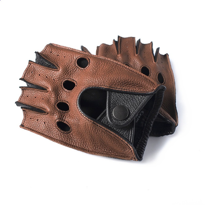 Spring Men's Genuine Leather Gloves Driving Unlined 100% Deerskin Half Fingerless Gloves Fingerless Fitness Gloves.