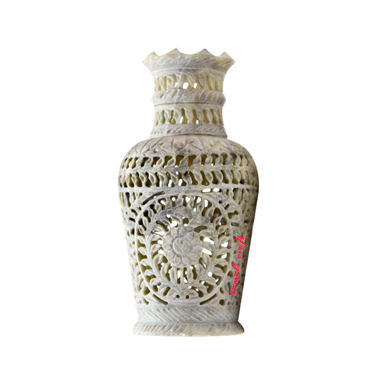Handmade hand carved natural soapstone stone carving flower vase for home and garden decoration
