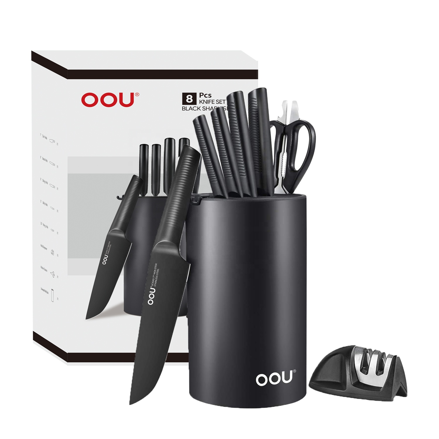 OOU Ultra Sharp 8pcs Black Shark Series Knife Set Kitchen with Universal Block