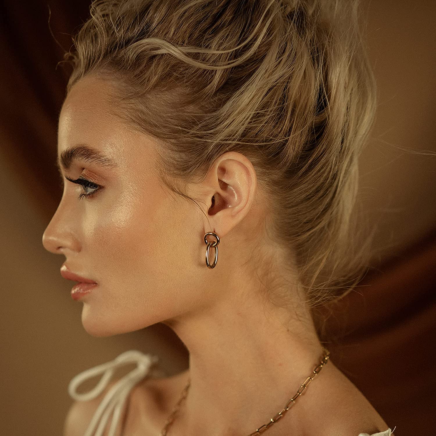 Double Circle Linear Drop Open Huggies Stud Earrings 316L Stainless Steel 14K Gold Big Dangling Round Circle Drop Stud Earrings