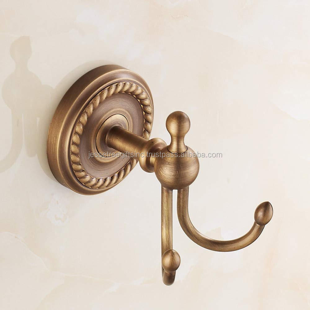 Robe Hook Antique Brass Double Towel Hook - Vintage Style Coat & Clothes Hanger With Braiding Carving For Bedroom & Bathroom